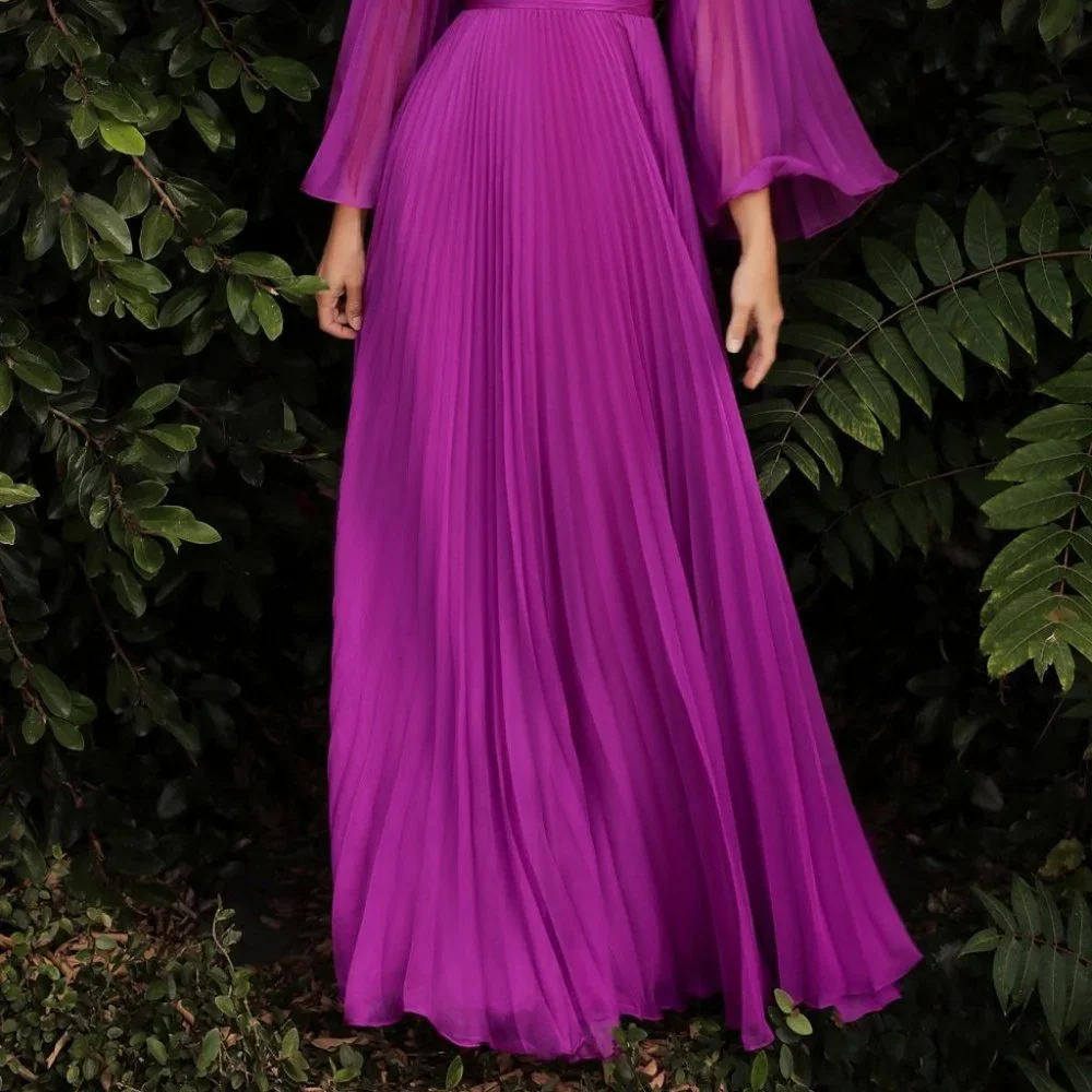 ORCHID COLOR PARTY EVENING FORMAL PROM PLEATED CHIFFON LONG SLEEVE GOWN CD242 - Picture 2 of 7